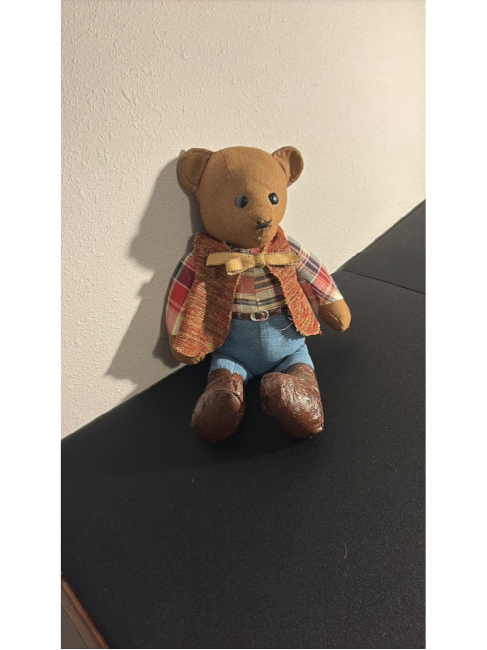 Vintage Handmade Cowboy Teddy Bear Plush w Plaid Shirt and Tooled Faux Leather